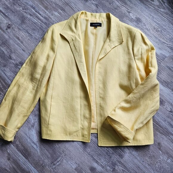 TALBOTS Linen Blazer Womens Size 16 Yellow Open Front Jacket Polyester Lining - Picture 1 of 16